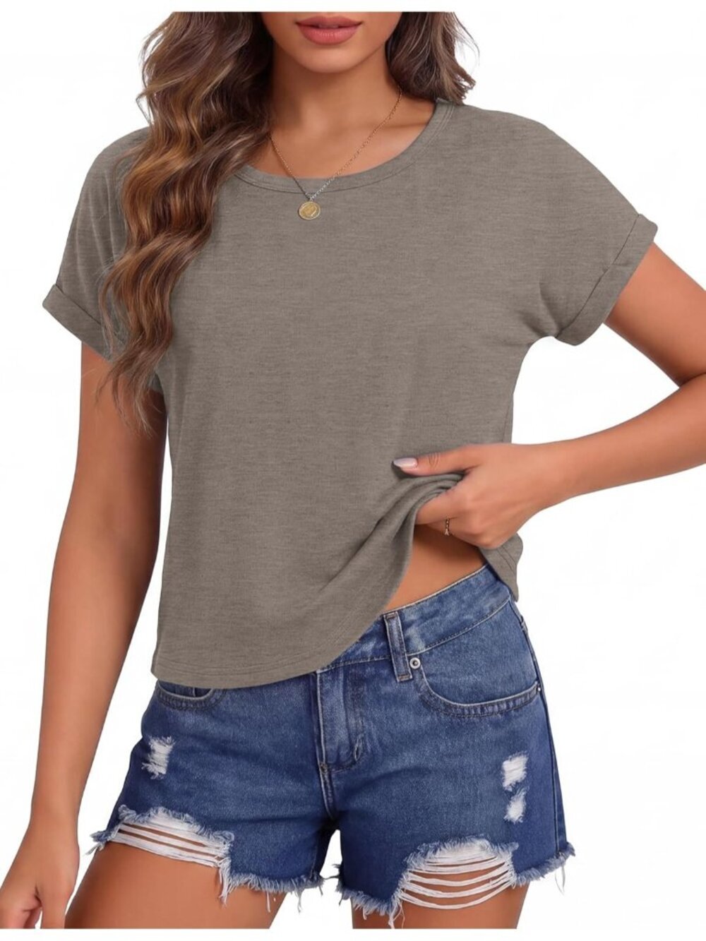 Women's Coffee Roll Short Sleeve Crewneck Loose Fit Boxy Pull On Crop Tops